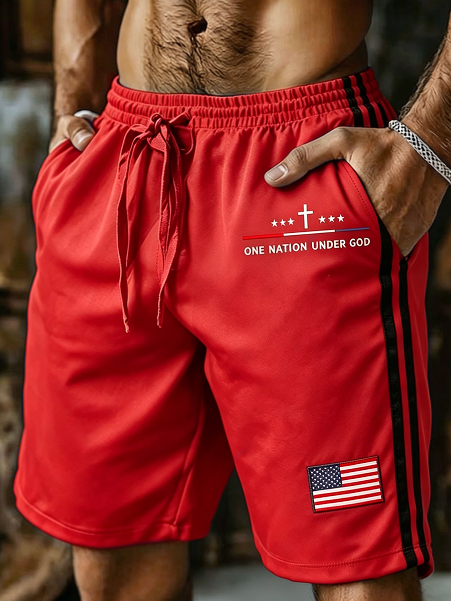 Men's One Nation Under God Cross Star US Flag Patch Striped Drawstring Casual Sports Running Shorts