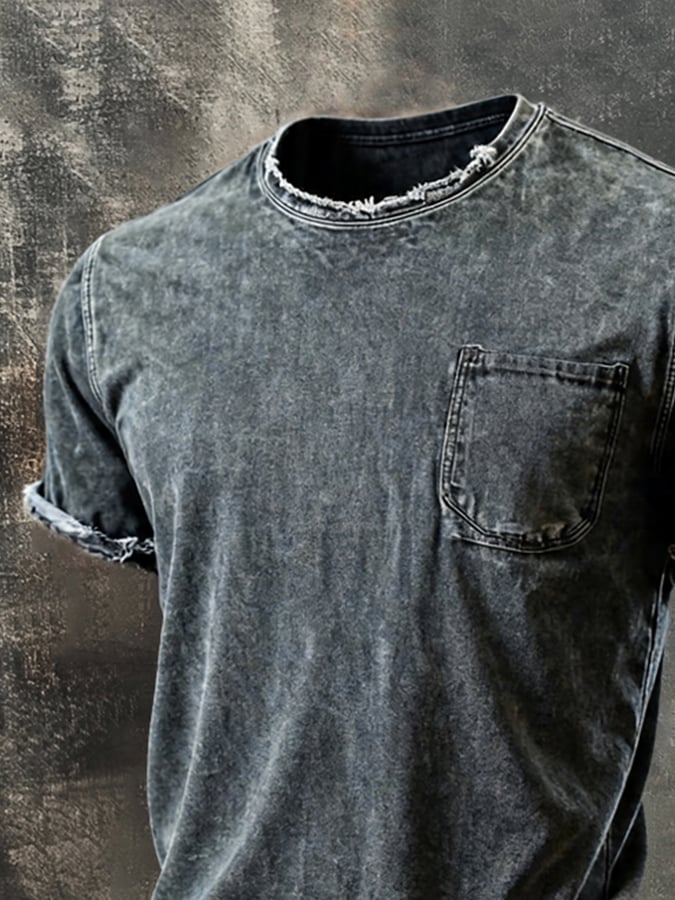 Men'S Vintage Pure Cotton Washed Crew-Neck Short-Sleeve T-Shirt With Distressed Details