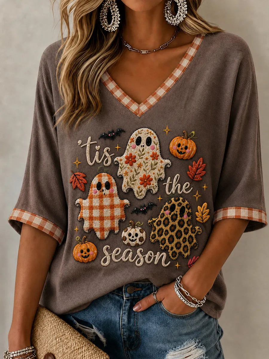 Women's Cozy Ghost Fall Tis The Season V-neck off-shoulder Short Sleeve T-shirt