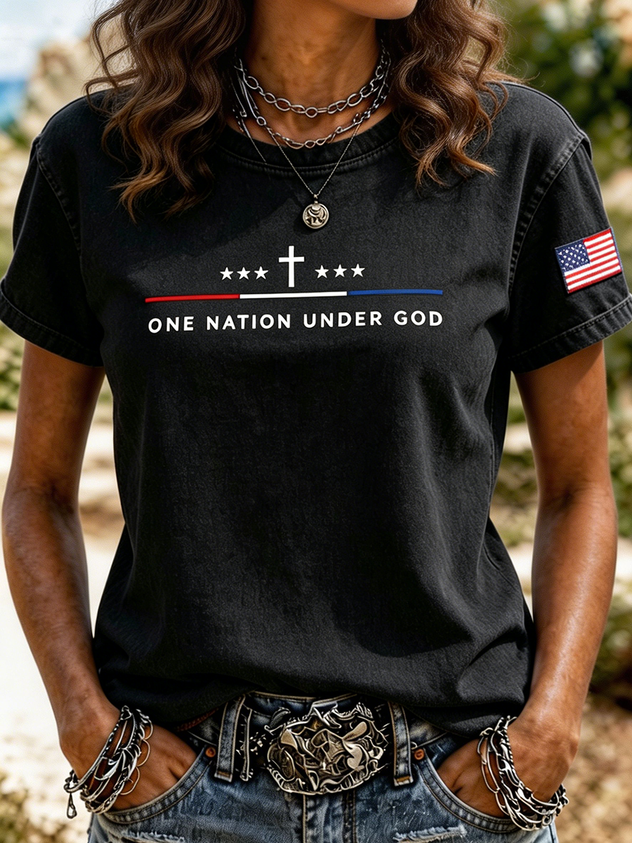 Women's One Nation Under God Cross Star American Flag Embroidered T-Shirt