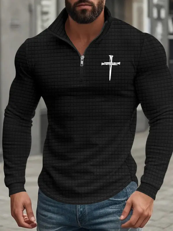 Men's American Retro Autumn And Winter Half-Zip Small Plaid Cross Pattern Casual Stand-Up Collar Long-Sleeved Sweatshirt