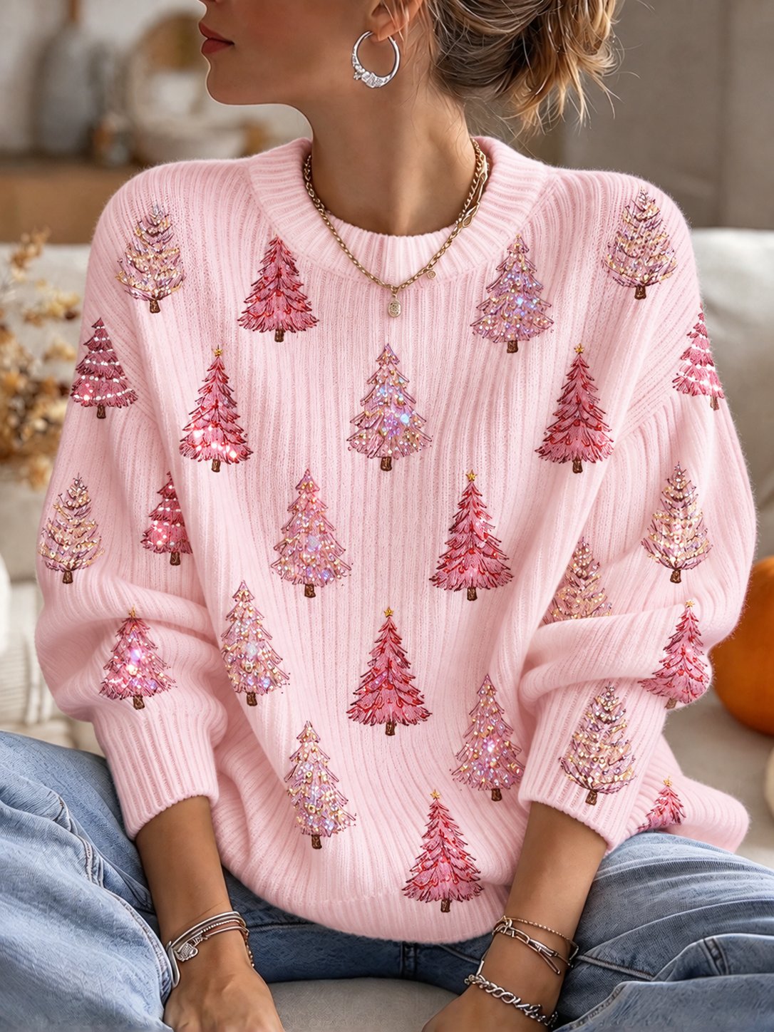 Lässiges Stricktop mit Weihnachtsmuster für Damen
