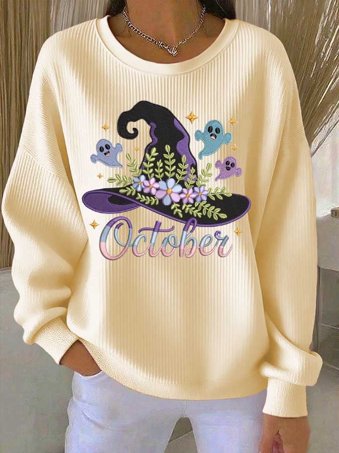 Women's Halloween Witch Hat Printed Crew Neck Long Sleeve Top