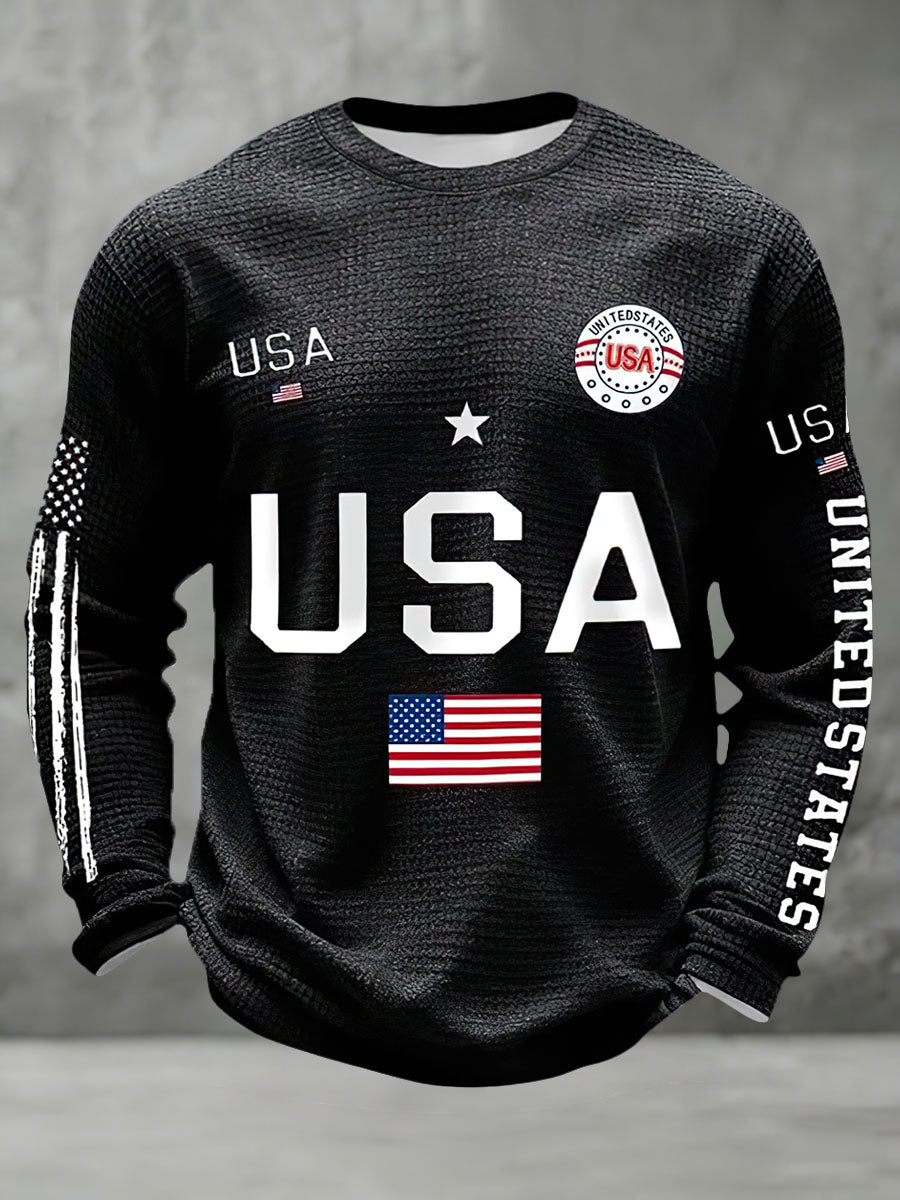 Waffle American Flag Printed Long Sleeve Crew Neck Sweatshirt