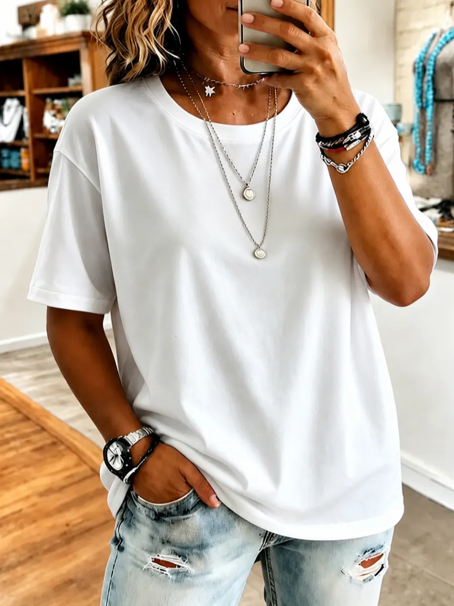 Women'S Short-Sleeved Solid Color T-Shirt Top