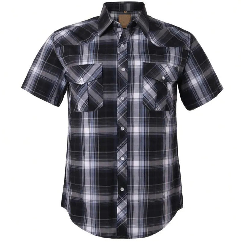 Men's Western Cowboy Short Sleeve Pearl Snap Casual Plaid Work Shirt