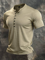 Men's Vintage Slub Cotton 100% Pure Cotton Stretch Short-Sleeve Henley T-Shirt