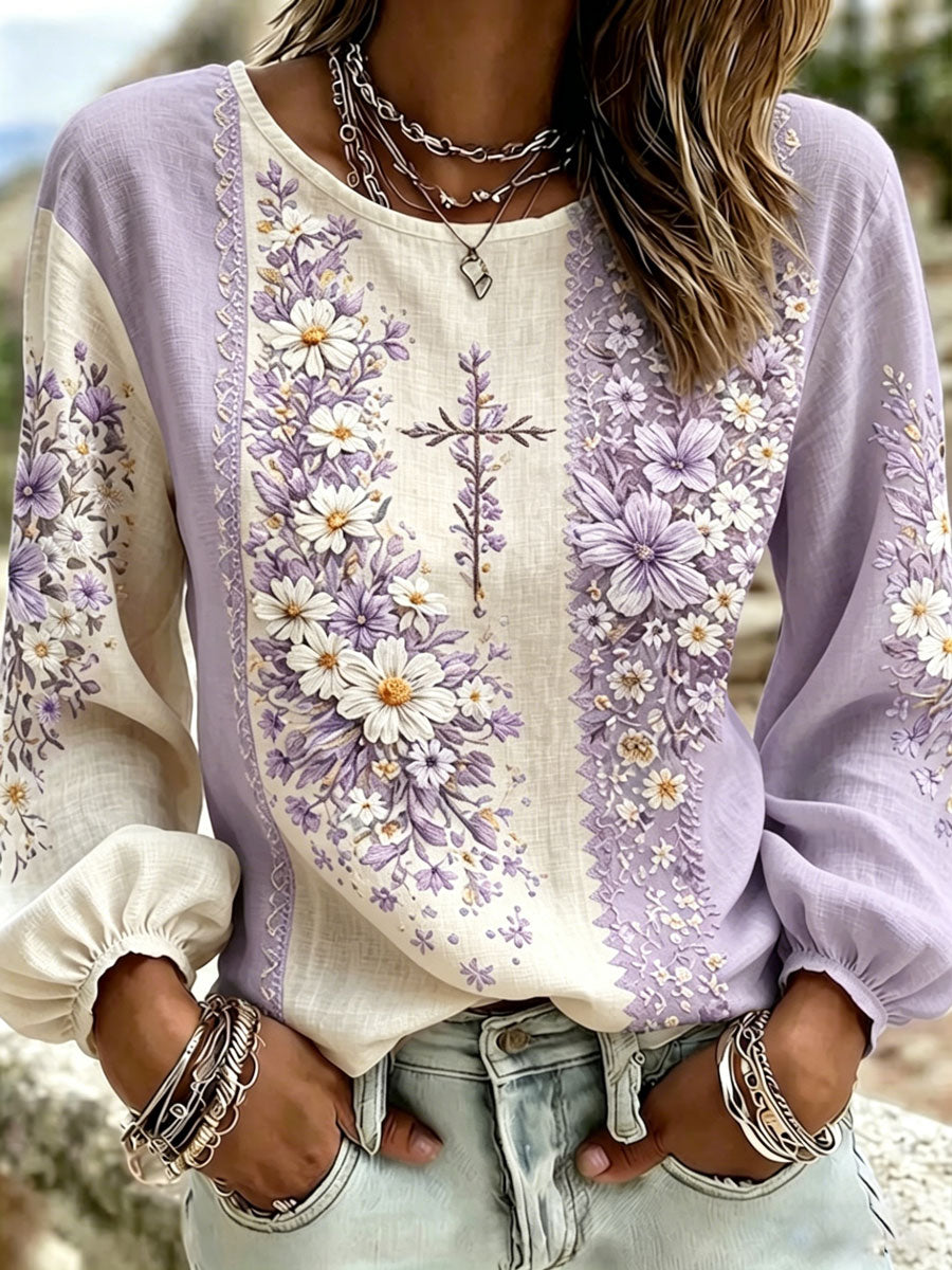 Women'S Casual Floral  Faith Print Cotton Linen Top
