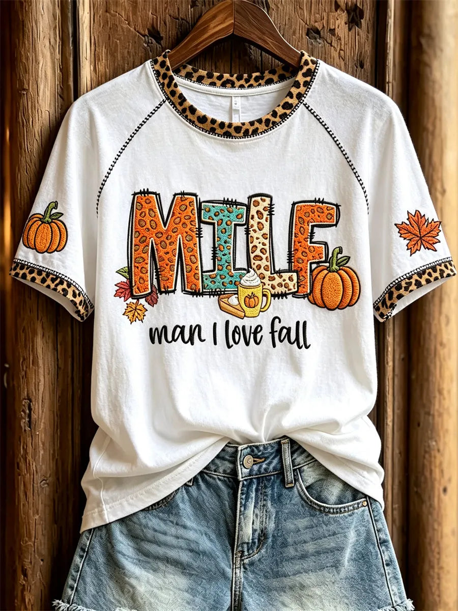 Women's MILF Man I Love Fall Pumpkins & Maple Leaves Leopard Print short sleeve T-shirt