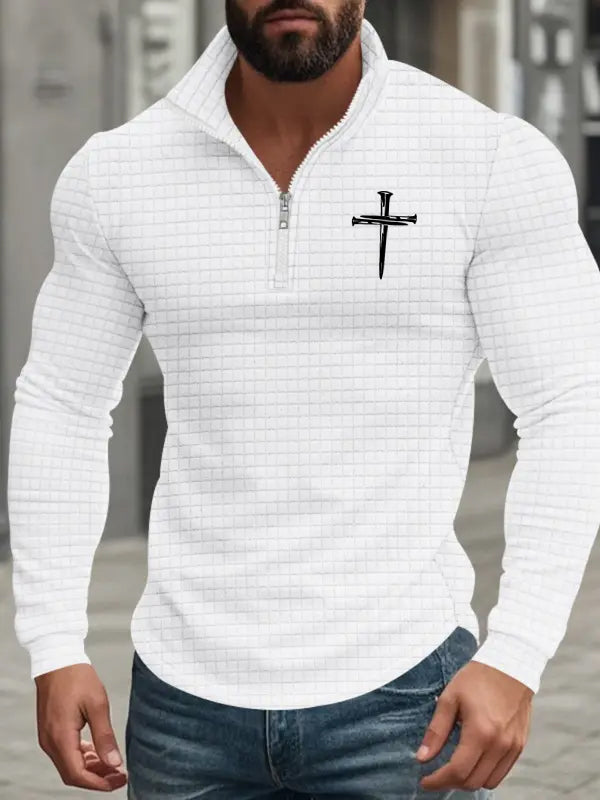 Men's American Retro Autumn And Winter Half-Zip Small Plaid Cross Pattern Casual Stand-Up Collar Long-Sleeved Sweatshirt