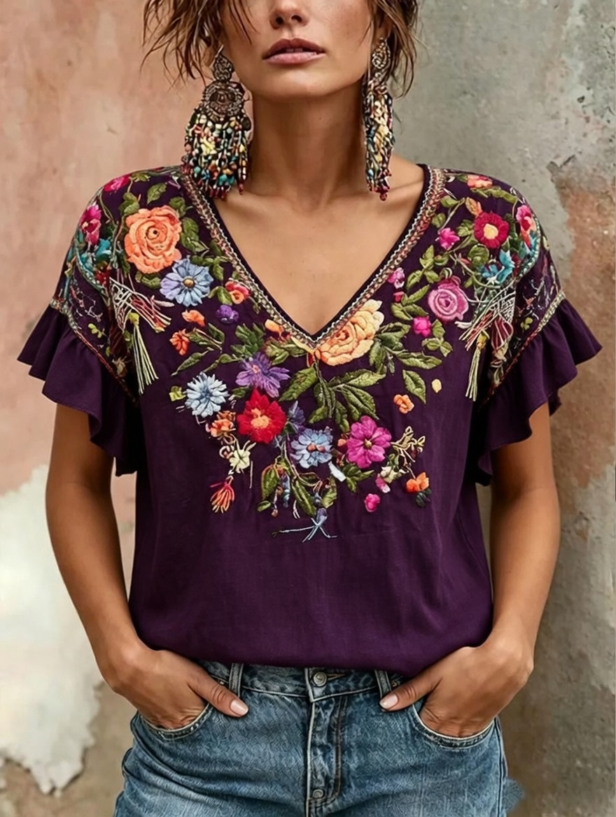 Women's Floral Print linen short-sleeved T-shirt