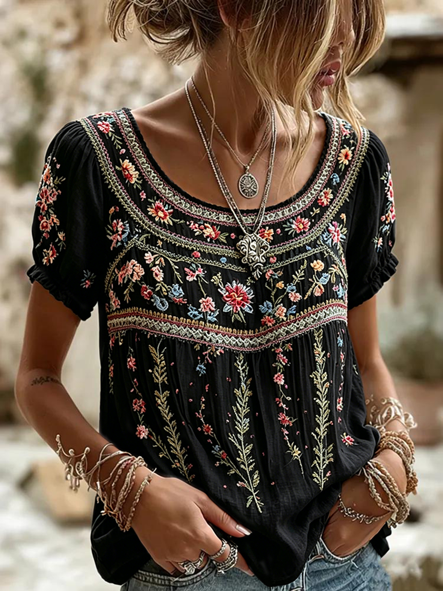 Women's Retro Floral Pattern Casual T-shirt