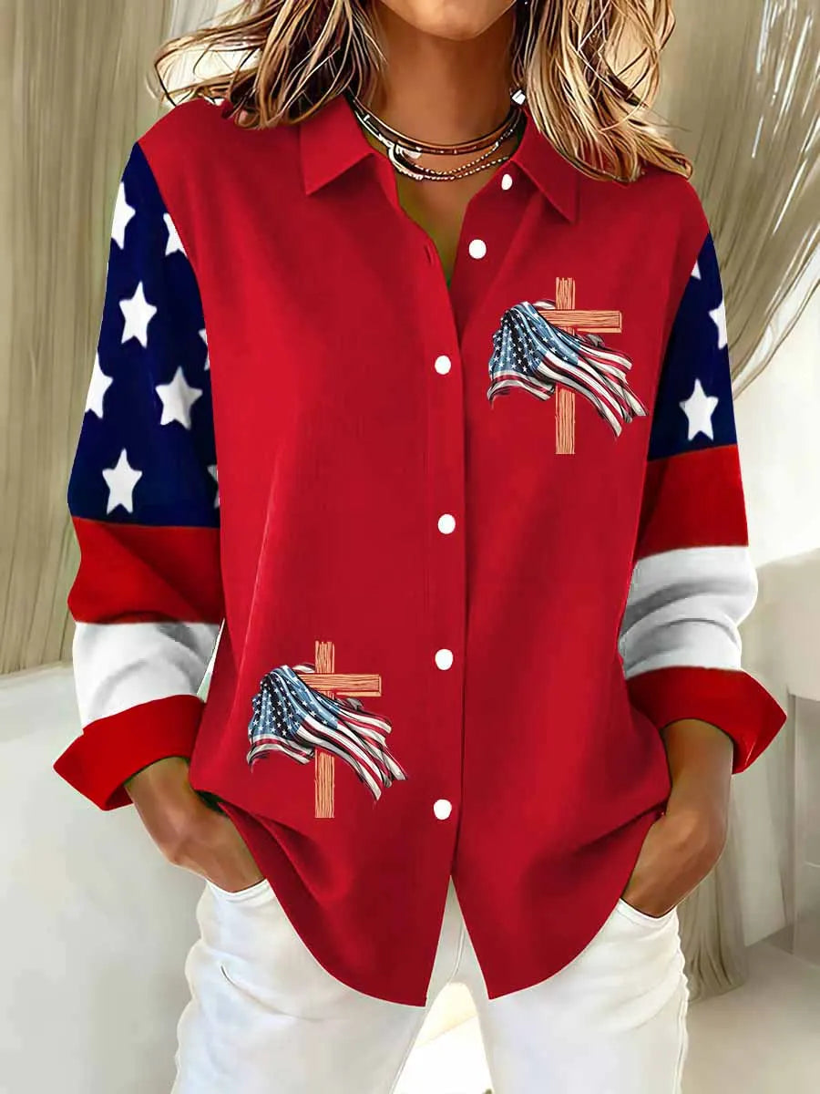 Women's US Flag And Cross Printed Casual Long Sleeve Shirt