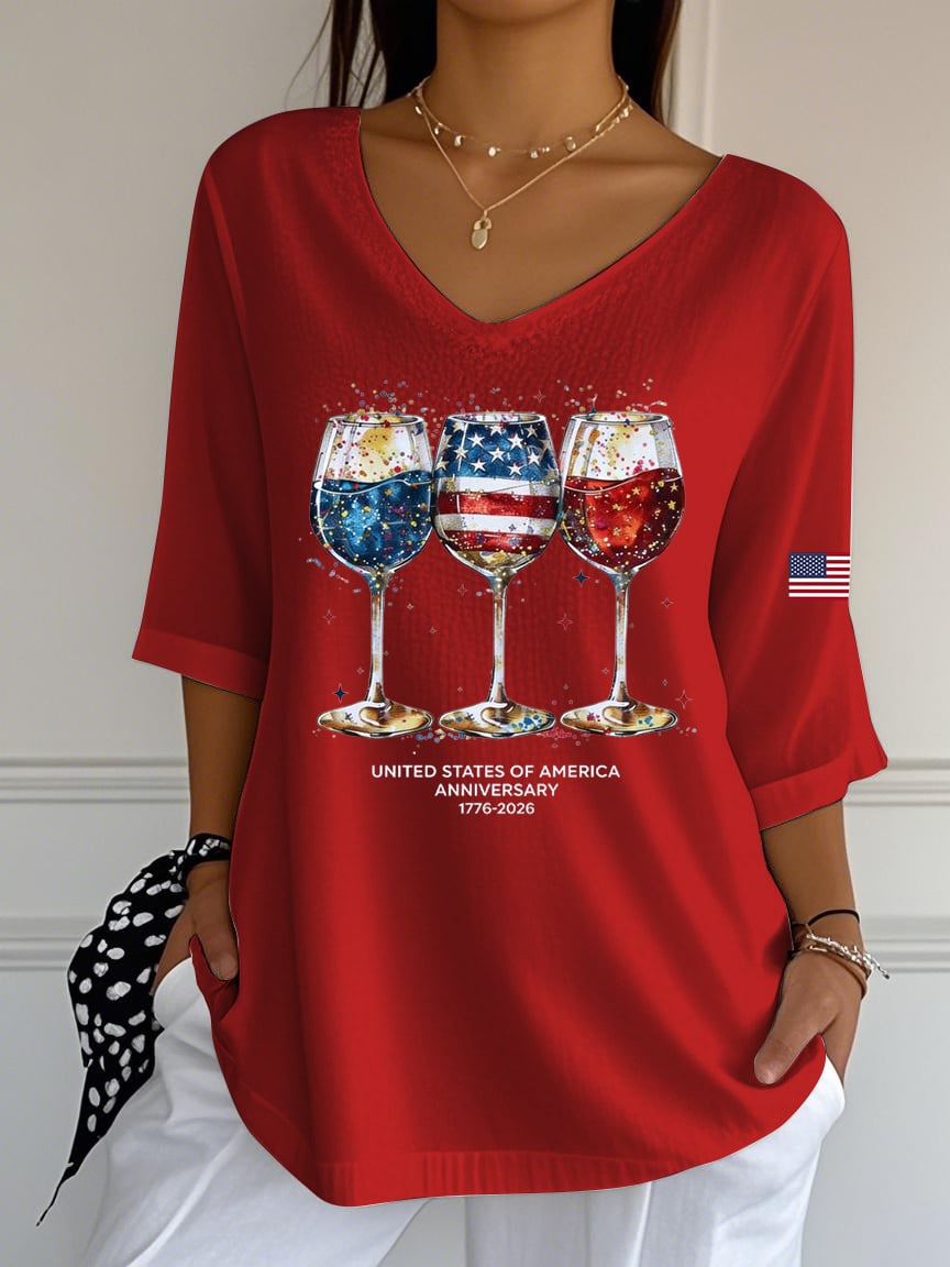 Women's American Flag Red Wine Glasses Celebrate Casual V-Neck T-Shirt