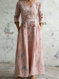Watercolor Floral Print Women's Linen Maxi Dress