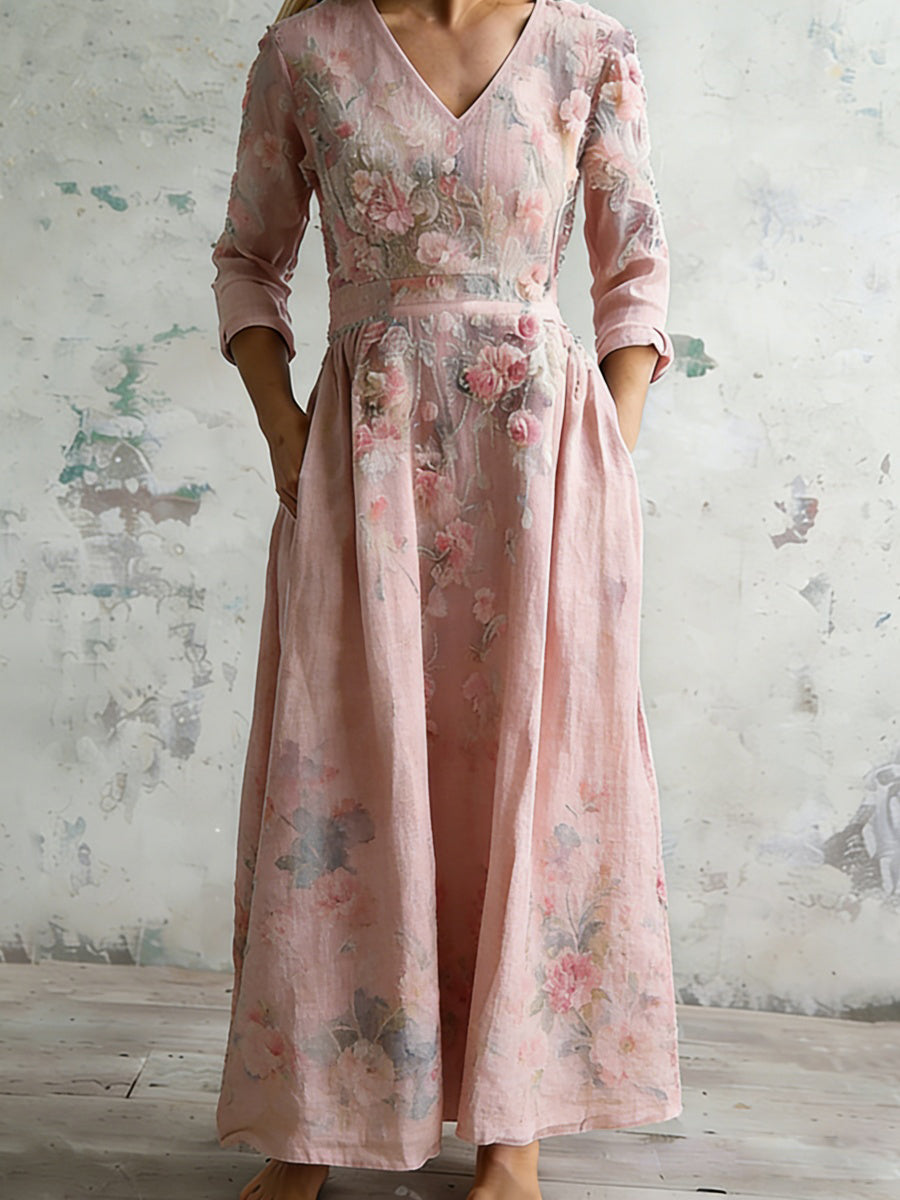 Watercolor Floral Print Women's Linen Maxi Dress