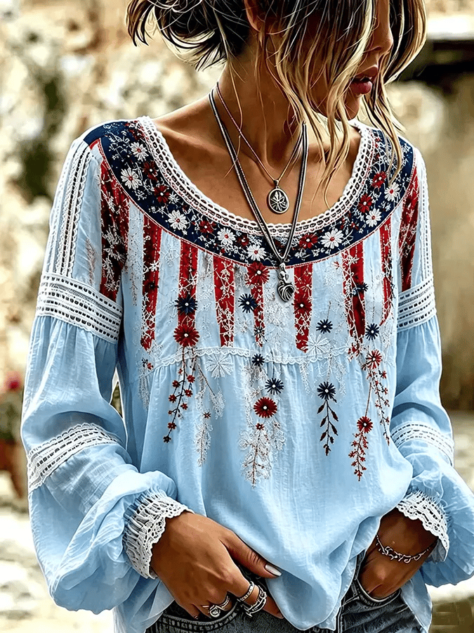 Women's Retro Breast Cancer Floral Print Long-Sleeved Top