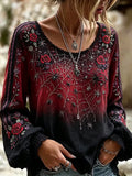 Women's Vintage Floral and Spider Print Halloween V-Neck Top