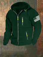 American Flag Fleece Contrast Raglan Zip Pattern Pocket Sweatshirt