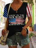 Women's American Flag Living in a New World with an Old Soul Independence Day Printed Short Sleeve T-Shirt