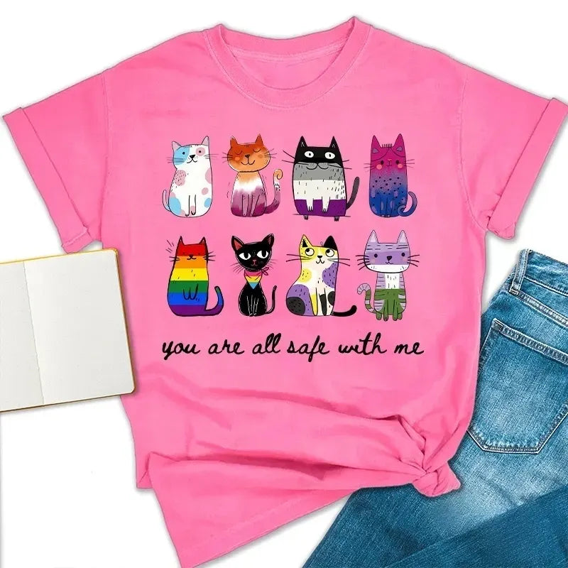 Rainbow Color Cats You Are All Safe With Me Cotton T-Shirt