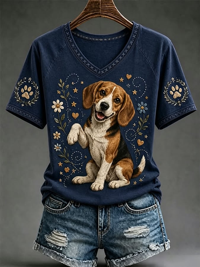 Women's Retro Dog Art Print  T-Shirt
