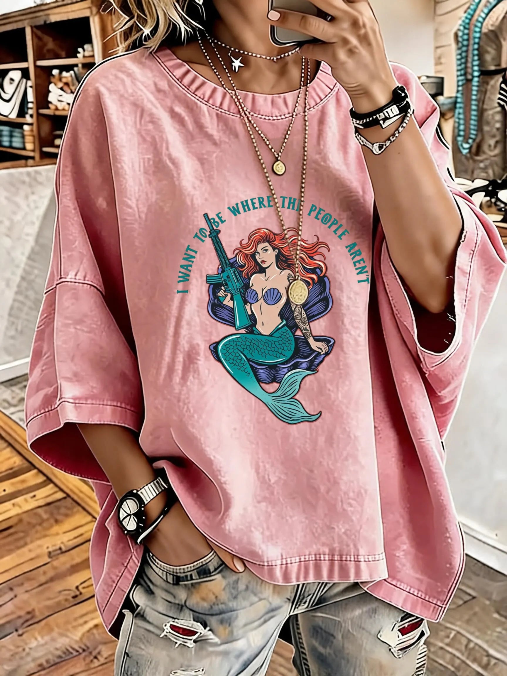 Women'S Vintage Distressed Washed M16 Mermaid Oversized T-Shirt