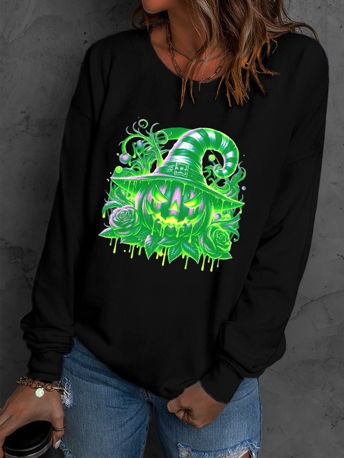 Women's Halloween Pumpkin Face Luminous Printed Casual Sweatshirt