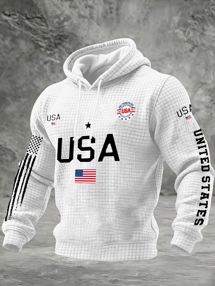 Men's Waffle American Flag Print Hooded Casual Sports Sweatshirt