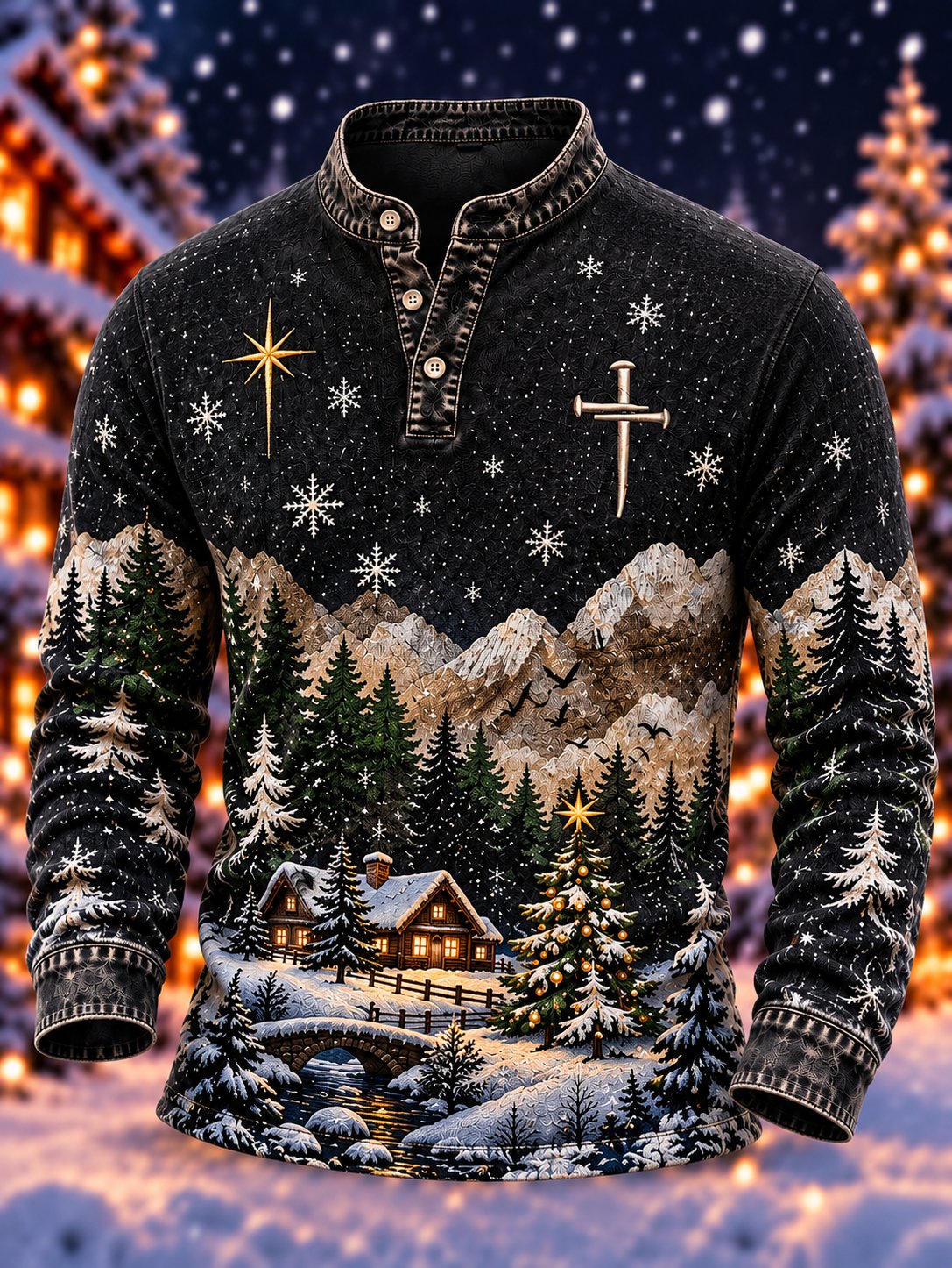 Men's Vintage Christmas Night Scene Faith-Themed Top