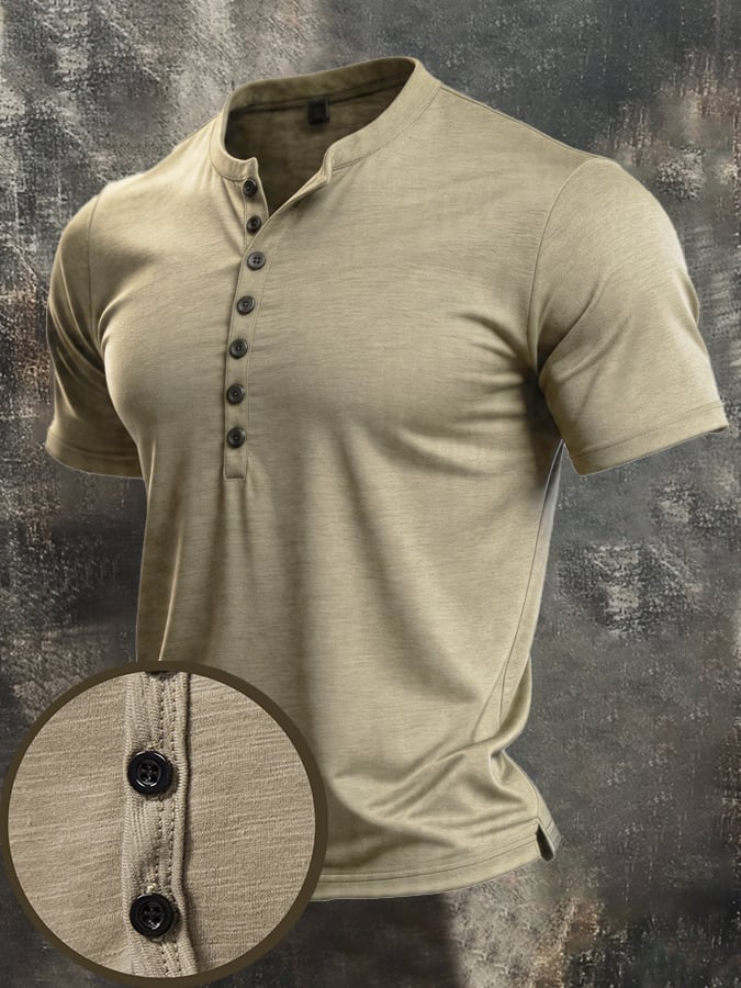 Men's Vintage Slub Cotton 100% Pure Cotton Stretch Short-Sleeve Henley T-Shirt