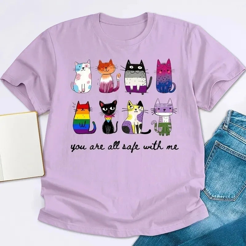 Rainbow Color Cats You Are All Safe With Me Cotton T-Shirt