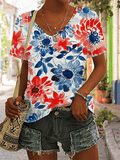 Women's Independence Day Floral Print V-Neck T-Shirt
