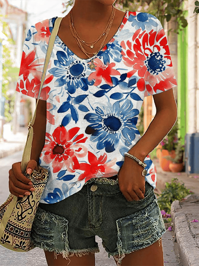 Women's Independence Day Floral Print V-Neck T-Shirt
