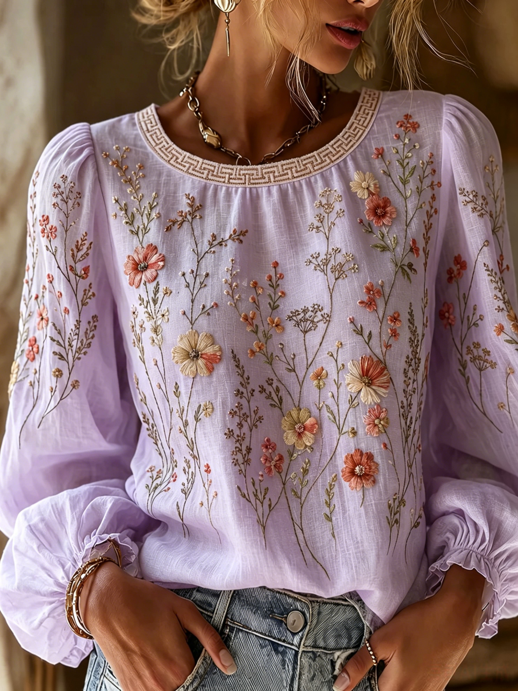 Women'S Floral Printed Casual Cotton And Linen Top