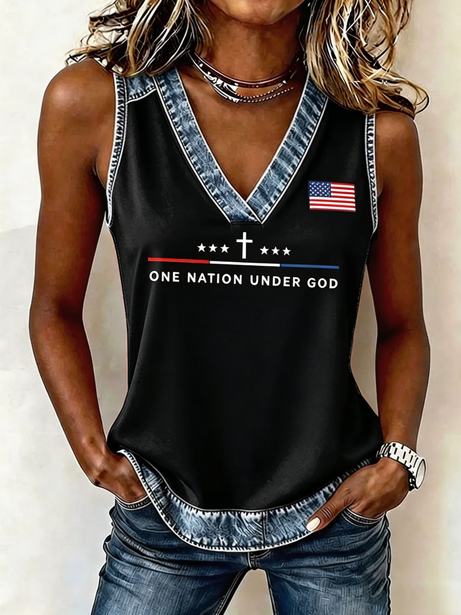 Women's One Nation Under God Cross Star US Flag Patch Trim V-Neck Sleeveless Casual Tank Top