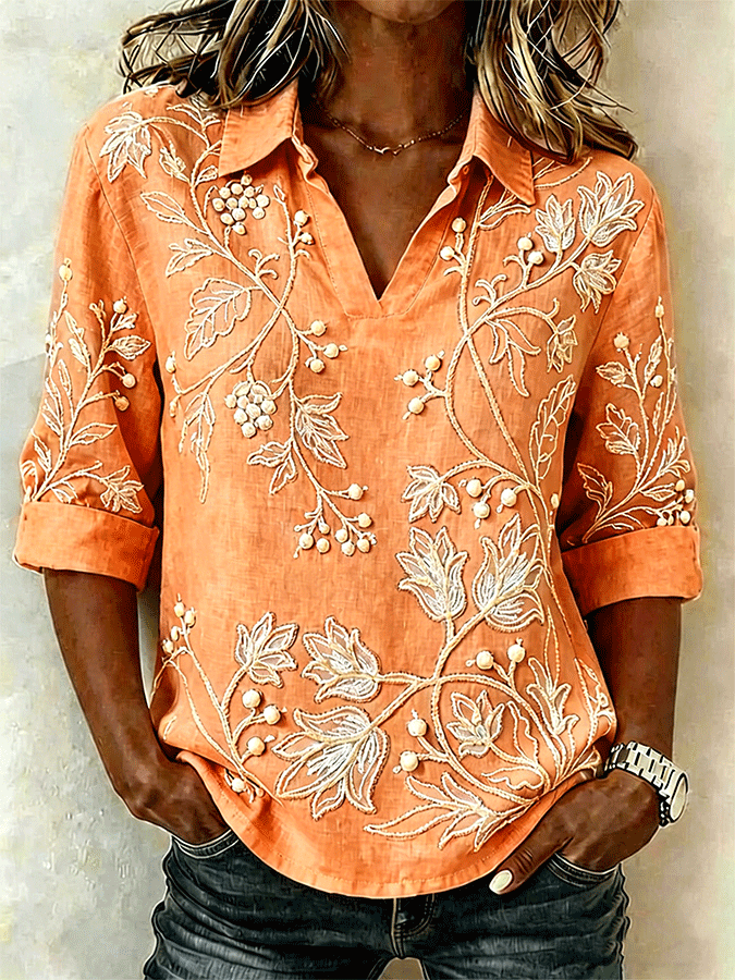 Women's Shawl Collar Half Sleeve Floral Lightweight Loose Shirt