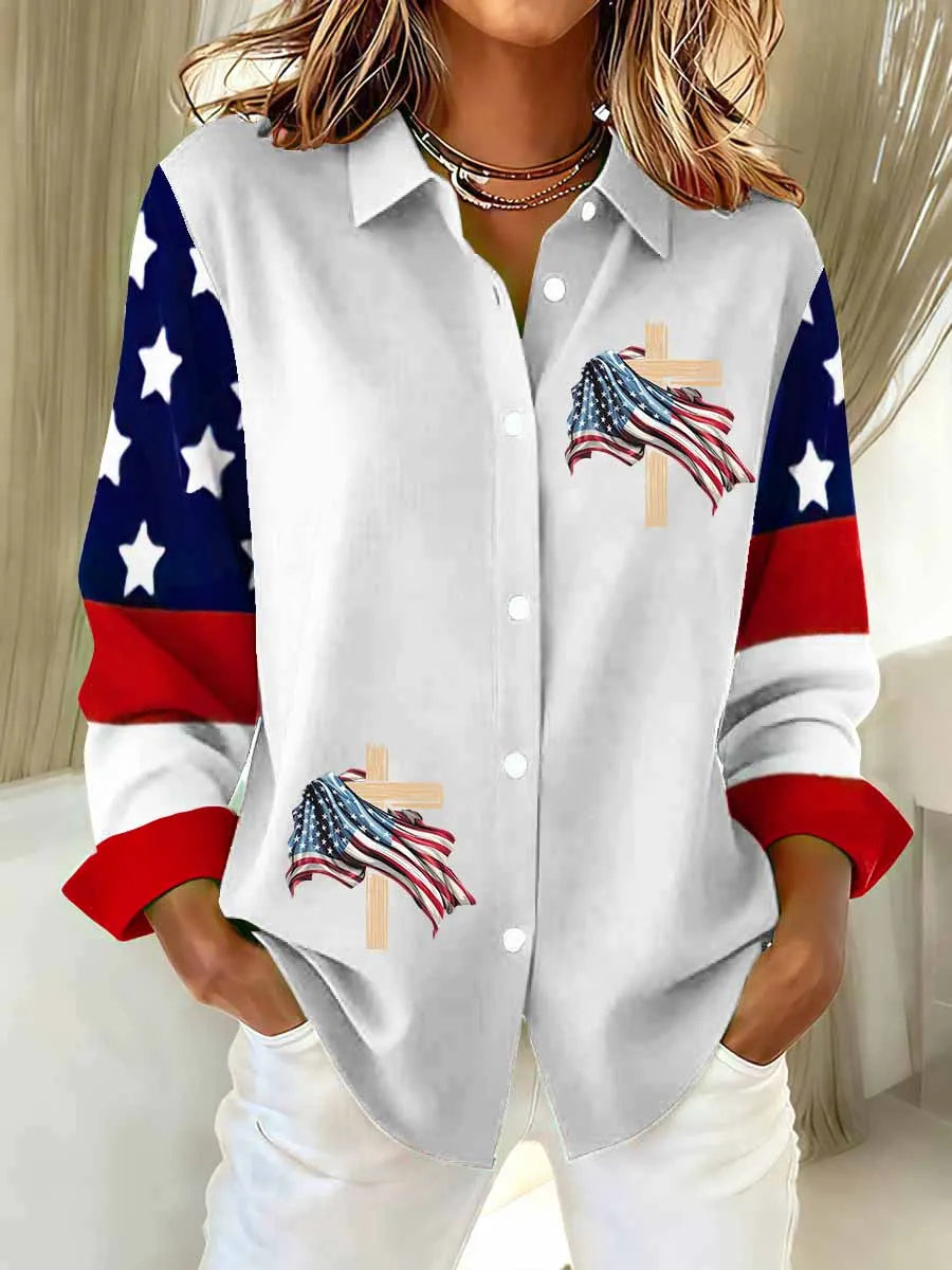 Women's US Flag And Cross Printed Casual Long Sleeve Shirt