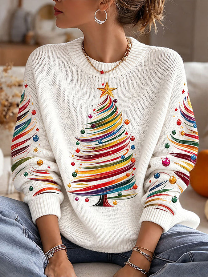 Women'S Christmas Tree Printed Round Neck Long Sleeve Sweatshirt