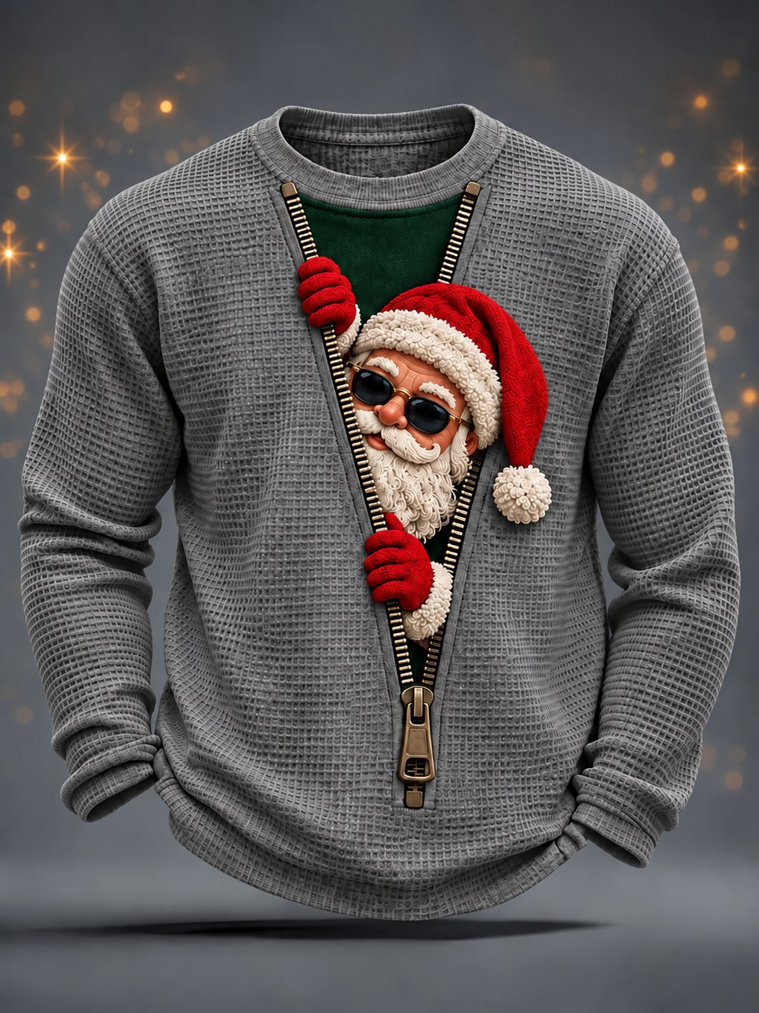 Herren-Weihnachts-Waffel-Langarmshirt mit Weihnachtsmannmotiv