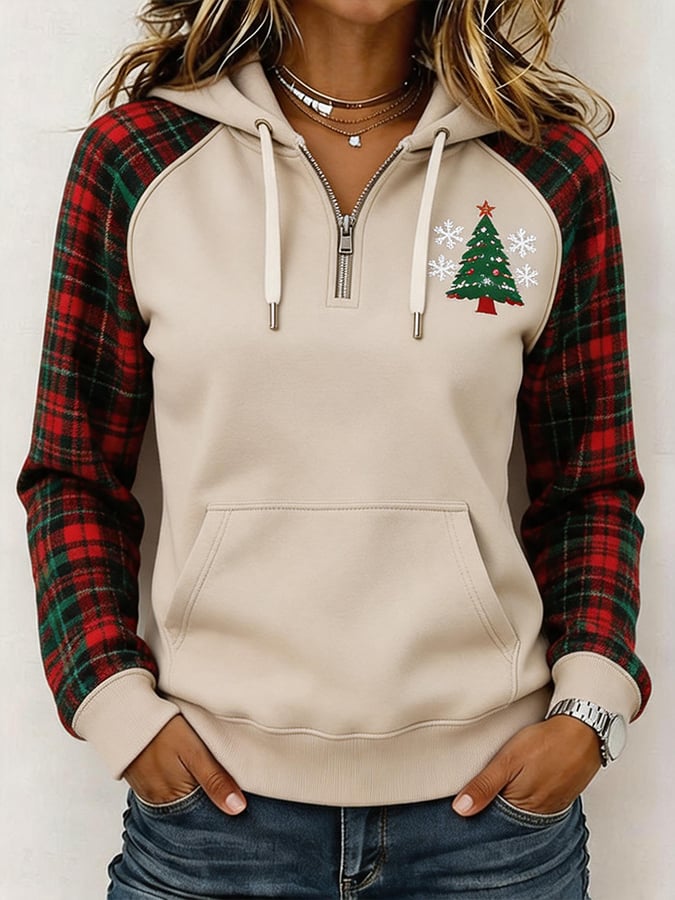 Damen-Sweatshirt mit kariertem Raglan-Ausschnitt und Weihnachtsbaum-Print