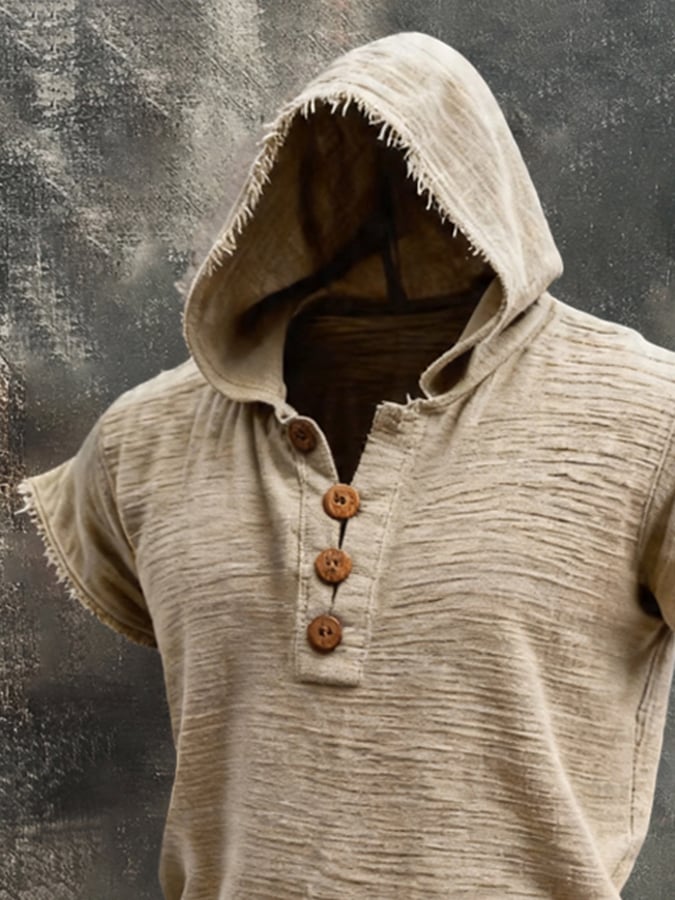 Men'S Retro Cotton-Linen Short-Sleeve Hoodie With Frayed Edges