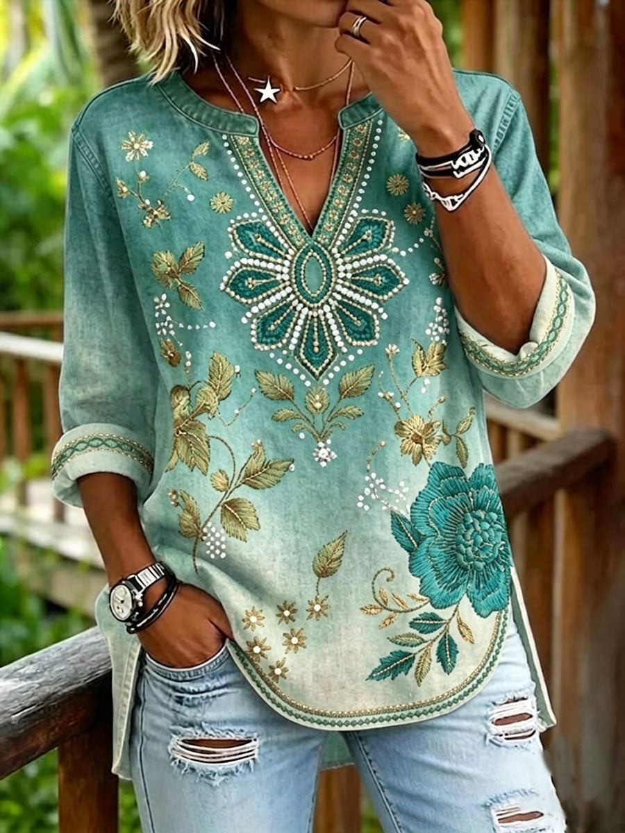 Women'S Vintage Floral Print Casual V-Neck Shirt