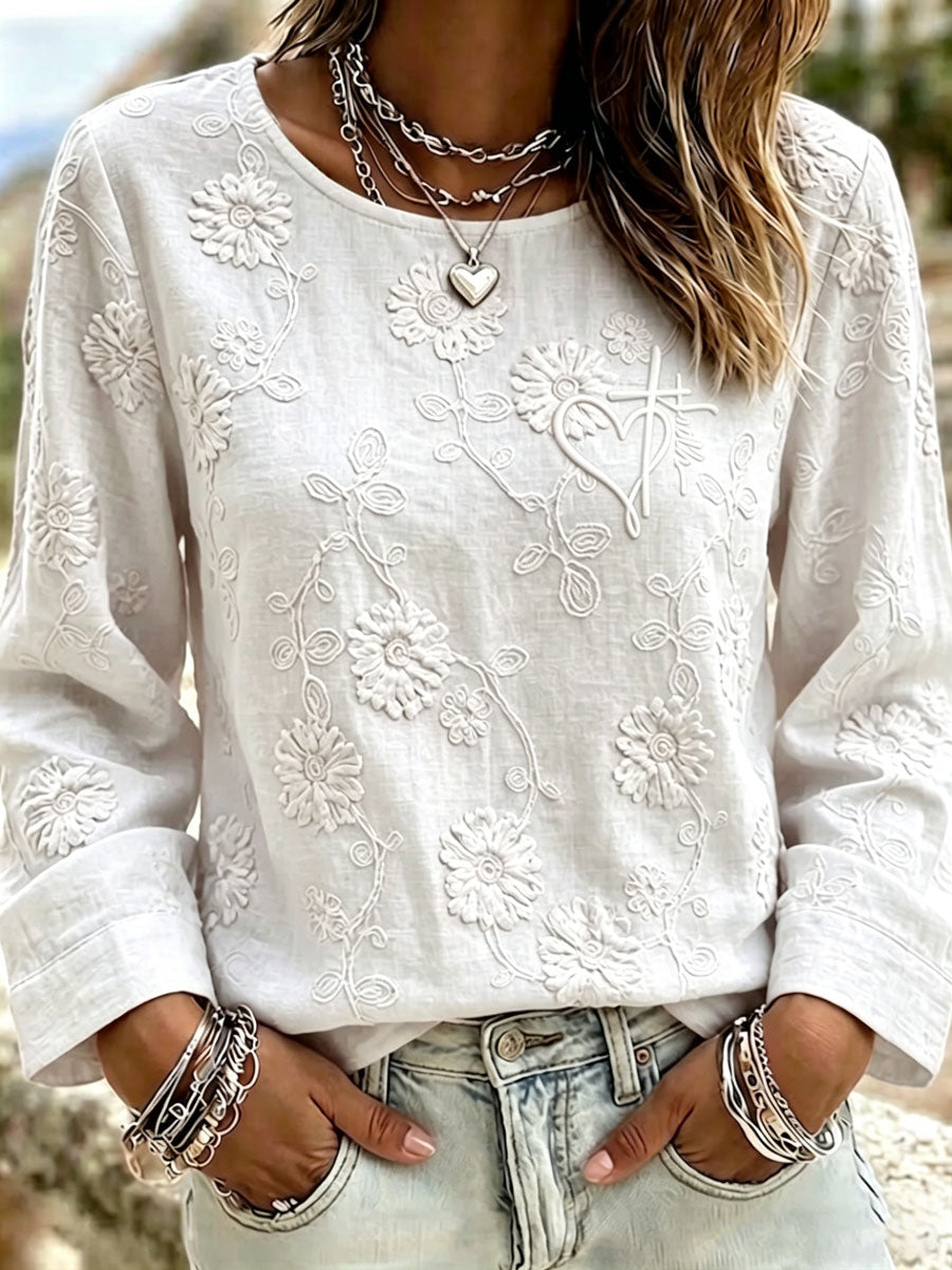 Women'S Casual Floral  Faith Print Cotton Linen Top
