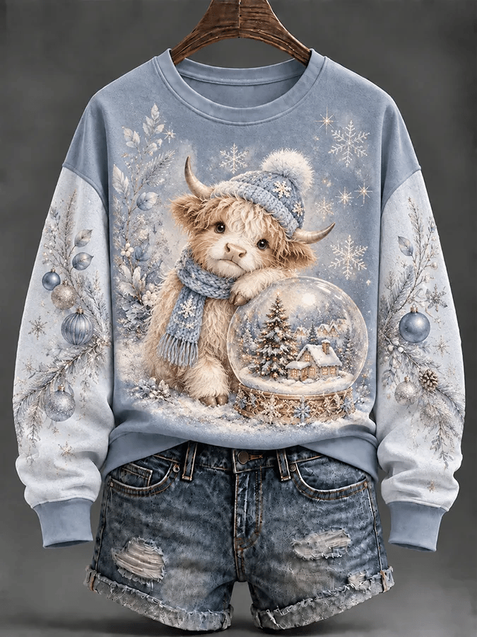Women Winter Highland Cow Snow Globe Christmas Sweatshirt