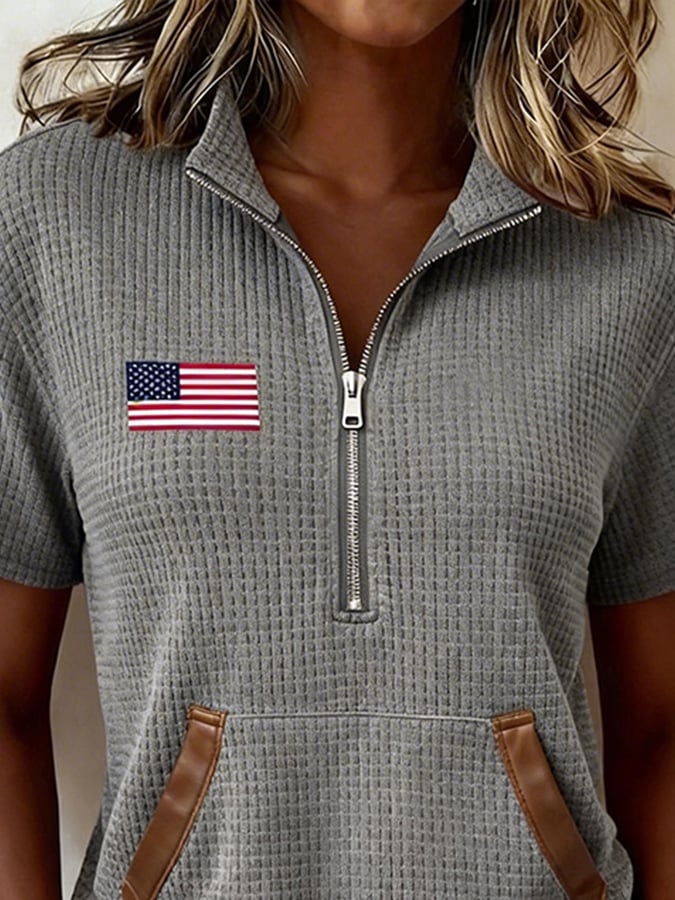 Women's Retro Lapel Patriotic Short-Sleeve Shirt