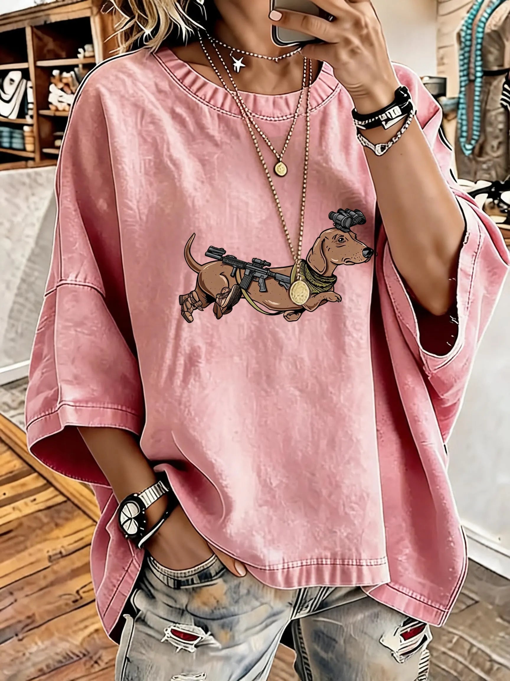Women'S Vintage Distressed Washed Tactical Wiener Oversized T-Shirt