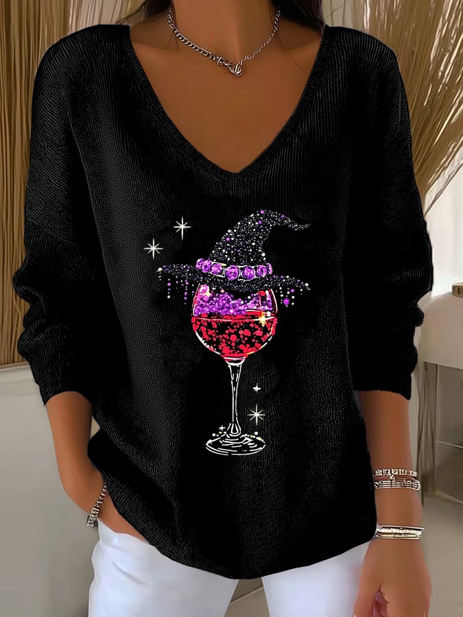 🔥HOT SALE🔥Women's Halloween Wine Glass Print V Neck Sweater