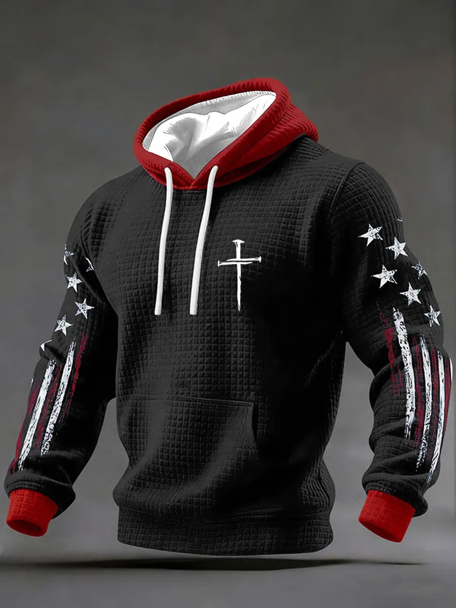 Men's Faith Cross And US Flag Print Waffle Belt Hoodie