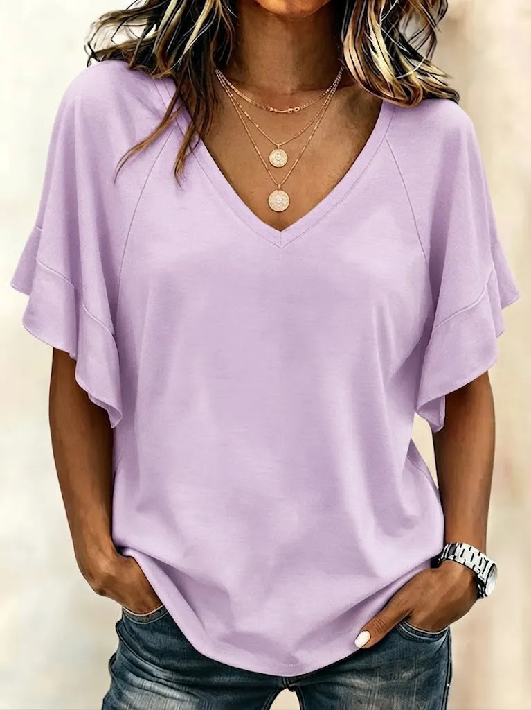 Women Plain Short Sleeve Tee T-shirt V Neck Casual Summer Top